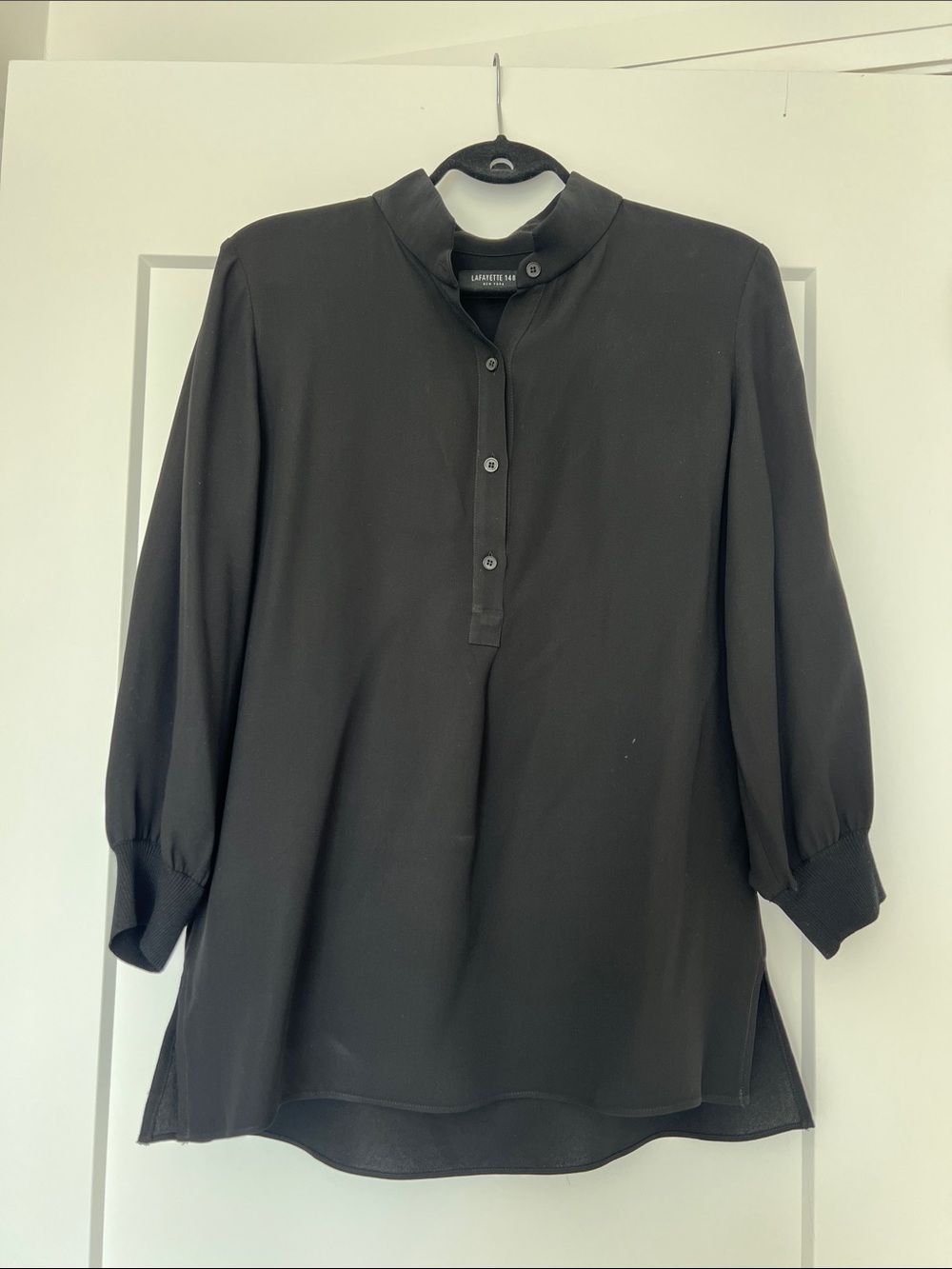 Lafayette 148 New York Black Mandarin-Collar Button Placket Blouse